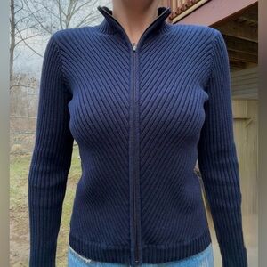 Jones New York Ribbed Knit Zip Up Fitted Mock Neck Sweater 90s Vintage